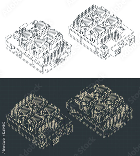 Arduino Uno and CNC shield isometric blueprints