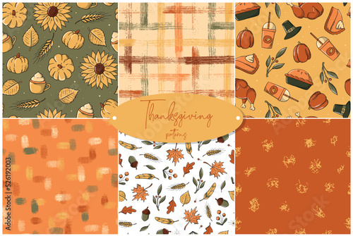set of Thanksgiving and autumn seamless patterns. Good for wrapping paper, scrapbooking, stationary, packaging, textile prints, wallpaper, etc. EPS 10