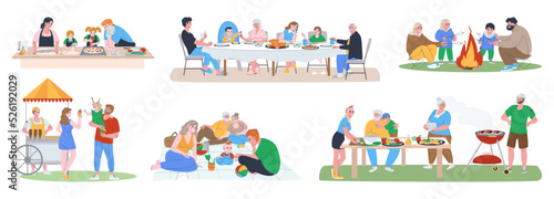 Family food concept. Big happy family having dinner the table. Parents and children cook together. Outdoor barbecue picnic. Flat vector illustration. Eps10