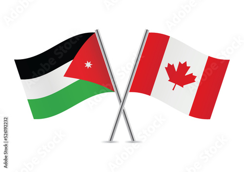 Jordan and Canada crossed flags. Jordanian and Canadian flags on white background. Vector icon set. Vector illustration.