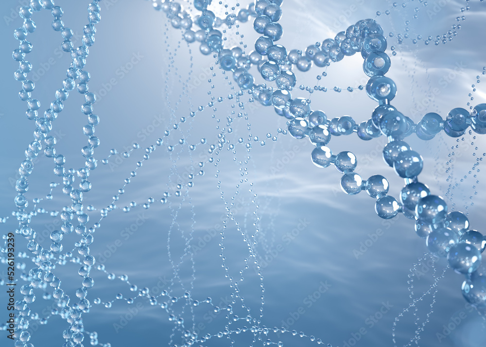 molecular structural spirals of collagen, 3d rendering, abstract atoms and molecules closeup molecular structural spirals of collagen, 3d rendering, abstract atoms and molecules closeup