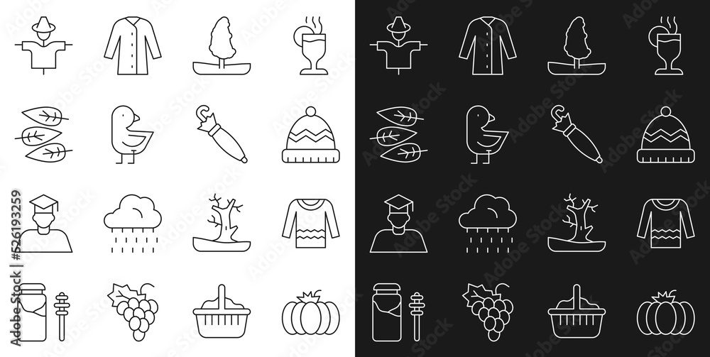 Set line Pumpkin, Sweater, Winter hat, Tree, Little chick, Leaf or leaves, Scarecrow and Umbrella icon. Vector