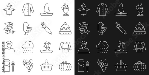 Set line Pumpkin, Sweater, Winter hat, Tree, Little chick, Leaf or leaves, Scarecrow and Umbrella icon. Vector