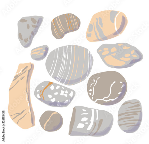 stone set cartoon. Stones and rocks in flat style. Cobblestones of various shapes.