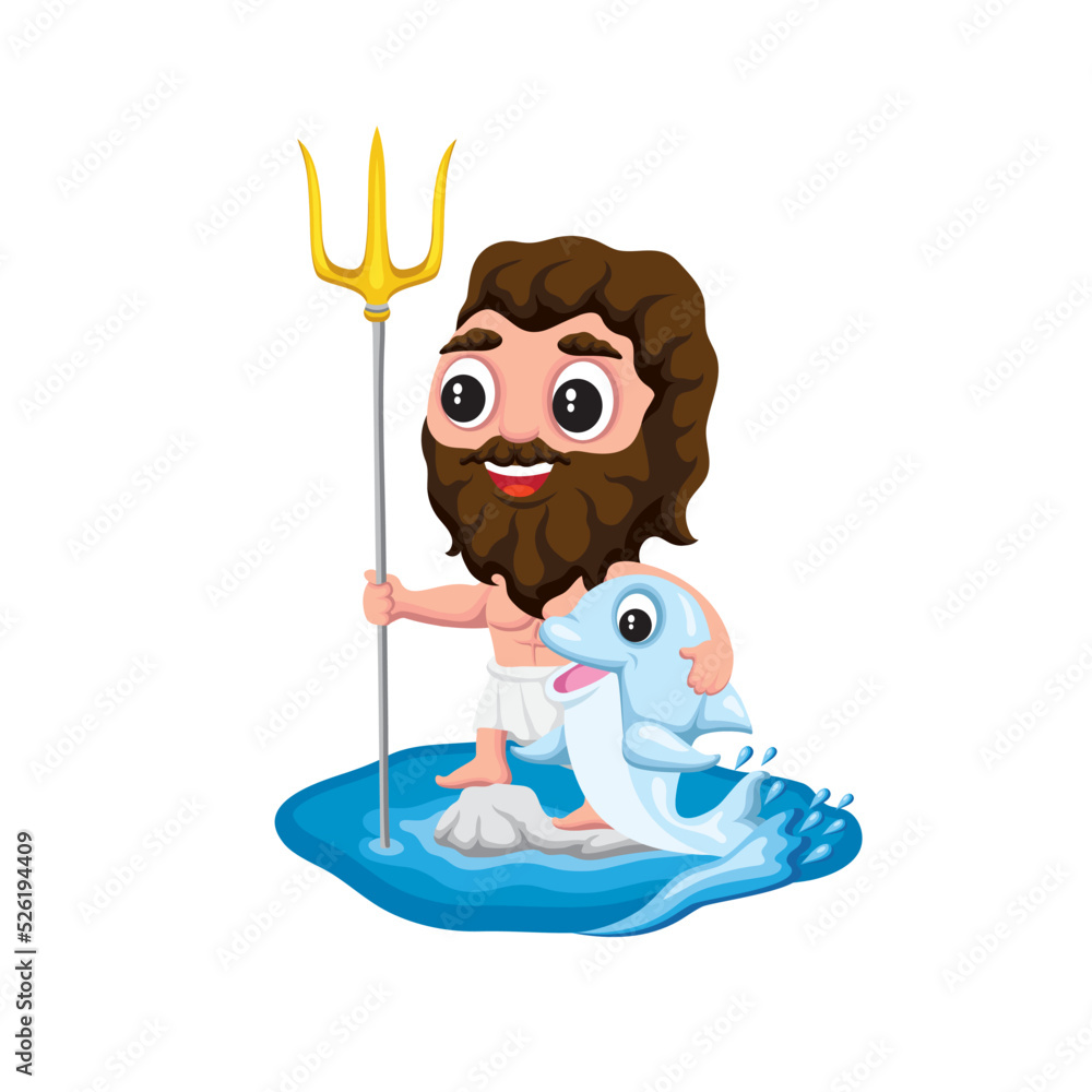 Cute cartoon style vector illustration of Greek god Poseidon Stock ...