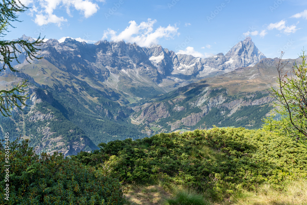 Majestic views of Cervino and Grandes Murailles in Italian Alps. 