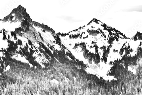 Photography A black and white digitally altered image converted into an illustration that depicts a view of a snow capped mountain landscape in Mt