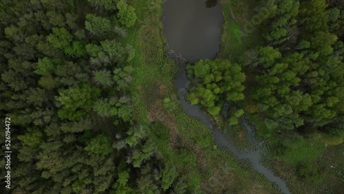 
drone flight over the river in cloudy weather