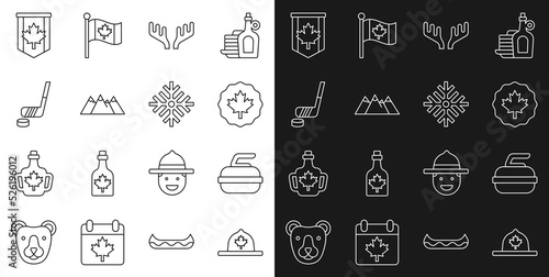 Set line Canadian ranger hat, Stone for curling, maple leaf, Deer antlers, Mountains, Ice hockey stick and puck, Pennant flag of Canada and Snowflake icon. Vector
