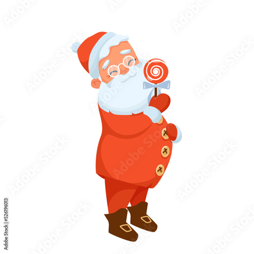 Cute Santa Claus stands pleased holding lollipop in his hands. Funny Santa likes treat. Joyful vector illustration great for winter season greetings and prints. 