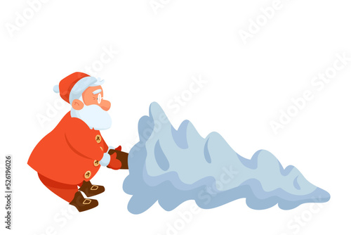 Funny Santa Claus is pulling New Year Tree to get it decorated. Little tired Santa is determined to get Christmas decorations and mood. Vector illustration isolated on white background.