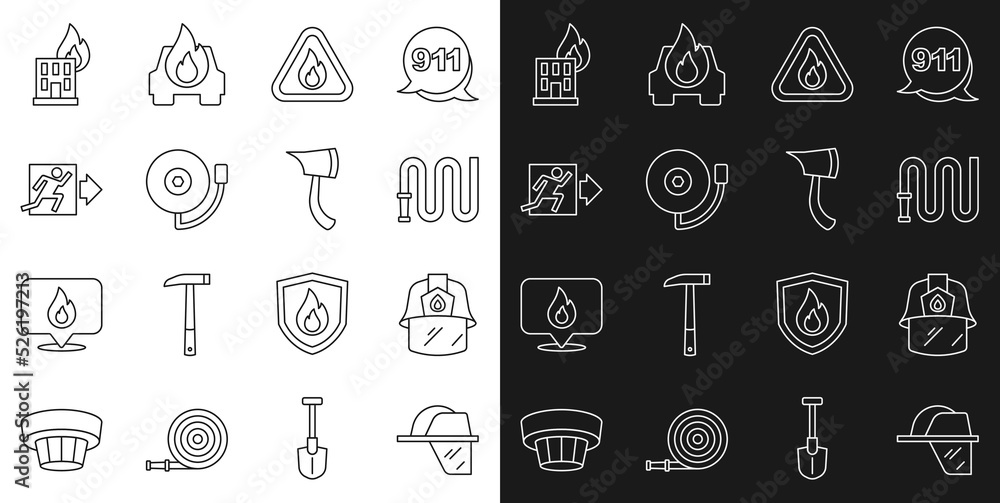 Set line Firefighter helmet, hose reel, flame in triangle, Ringing alarm bell, exit, burning building and axe icon. Vector Set line Firefighter helmet, hose reel, flame in triangle, Ringing alarm bell, exit, burning building and axe icon. Vector