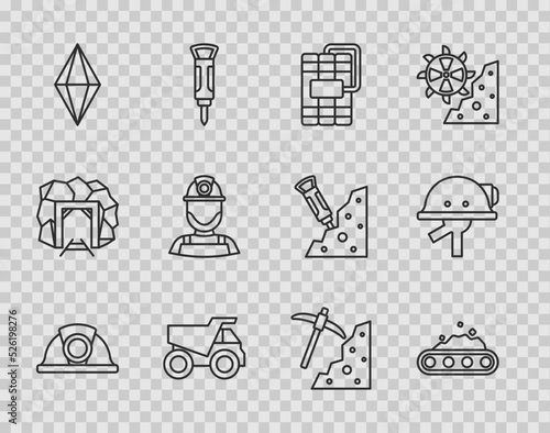 Set line Miner helmet, Conveyor belt carrying coal, Dynamite, Mining dump truck, Gem stone, Pickaxe and icon. Vector