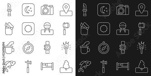 Set line Tree, Torch flame, Wooden axe, Photo camera, Sun, Lighter, Knife and Barbecue grill icon. Vector