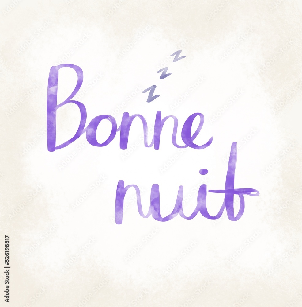 Good night in French. Cute hand drawn illustration. Quote