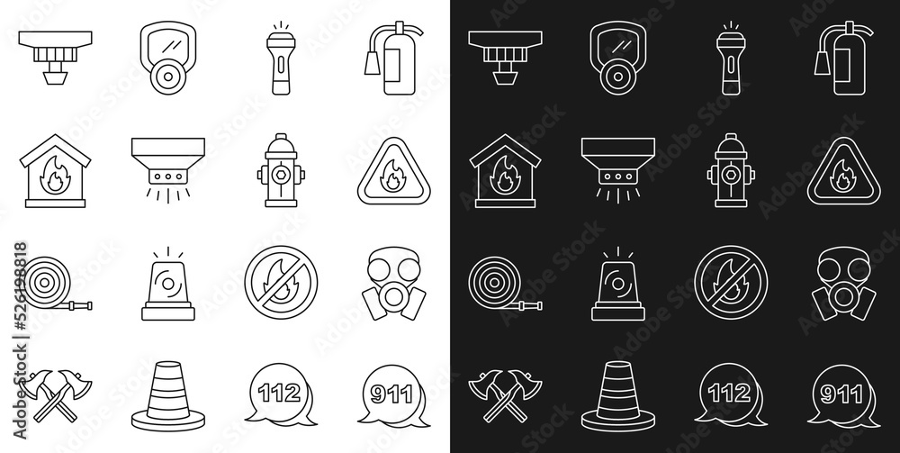 Set line Emergency call 911, Gas mask, Fire flame in triangle, Flashlight, sprinkler system, burning house, Smoke alarm and hydrant icon. Vector