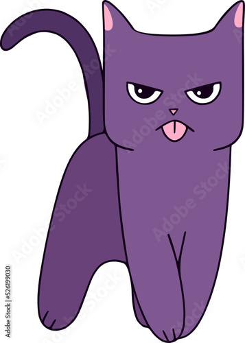 Flat design drawing of an angry cat sticking his tongue out. A cute and teasing animal