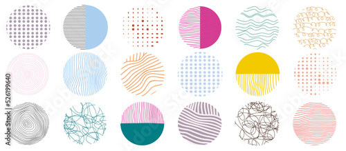 Modern trendy vector illustration. Set of round abstract circles with pattern. Circles with spots, drops, curves, lines. Perfect for poster, template, social media icons.