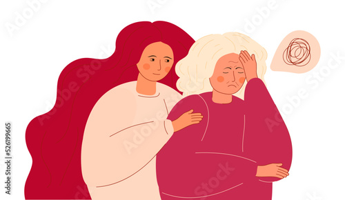 Caring for the elderly concept vector of. Daughter hugs mom, grandmother.