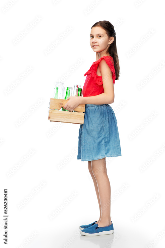 recycling, waste sorting and sustainability concept - smiling girl holding wooden box with glass bottles and jars over white background recycling, waste sorting and sustainability concept - smiling girl holding wooden box with glass bottles and jars over white background