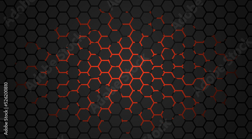 Red lava flows between hexagonal stones. Abstract hexagon background with red light glow