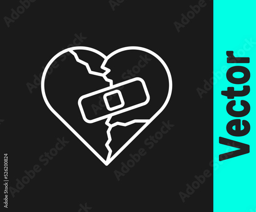 White line Healed broken heart or divorce icon isolated on black background. Shattered and patched heart. Love symbol. Valentines day. Vector