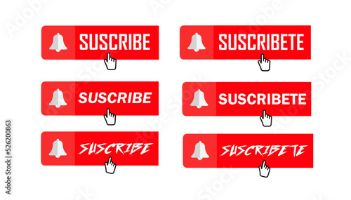 Youtube subscribe and bell icon Vectors English, Español, Suscribe/Suscribete