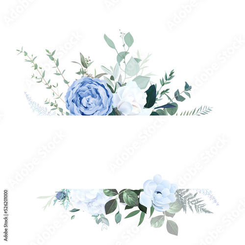Dusty blue rose, white hydrangea, ranunculus, anemone, eucalyptus, greenery, juniper, magnolia