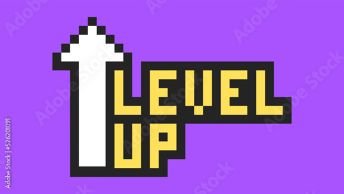 The inscription "level up" with an up arrow. Pixel art game symbol