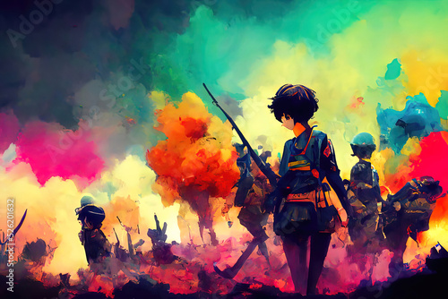 Colorful war scene, smoke reaching into a battle worn sky