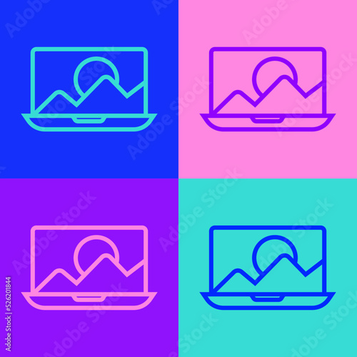Pop art line Photo retouching icon isolated on color background. Photographer, photography, retouch icon. Vector