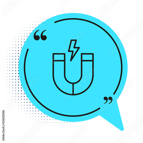 Black line Magnet icon isolated on white background. Horseshoe magnet, magnetism, magnetize, attraction. Blue speech bubble symbol. Vector