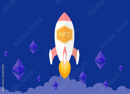 NFT technology that takes off like a rocket. Banner with a non-fungible token, ethereum. Vector illustration, blue background