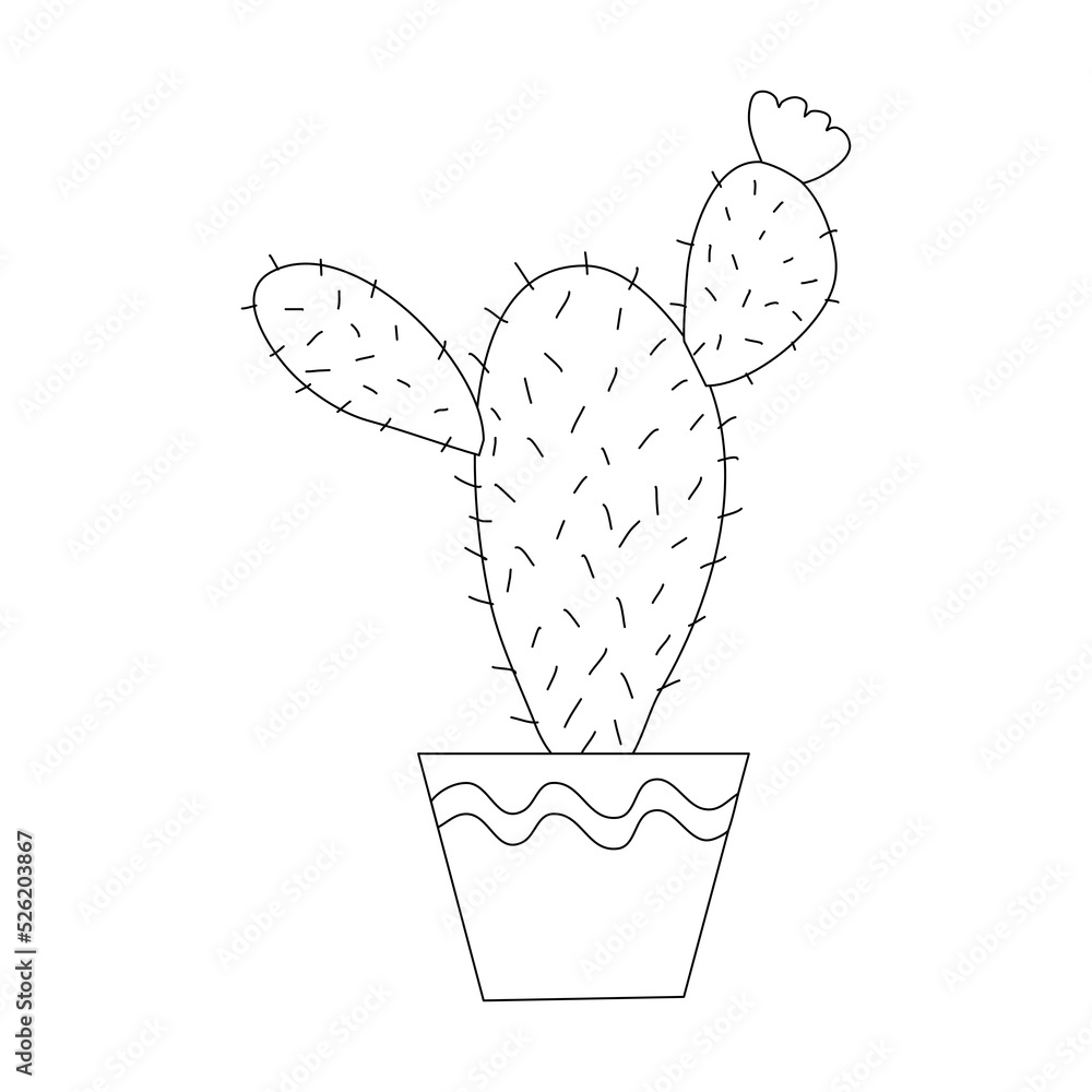 Cactus Angel wing with a flower in a pot, cartoon style flat raster outline