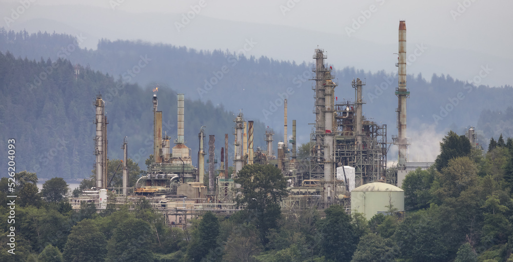 Oil Refinery Industry in Vancouver, British Columbia, Canada. Cloudy Rainy Day.