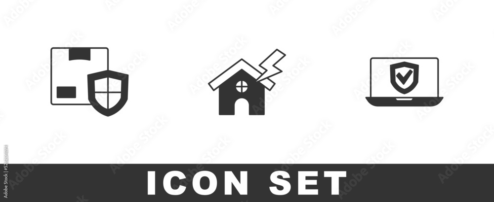Set Delivery security with shield, House and lightning and Insurance online icon. Vector