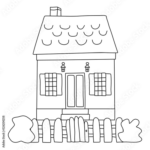 Cartoon style house with chimney, fence and bushes on foreground, flat doodle raster outline
