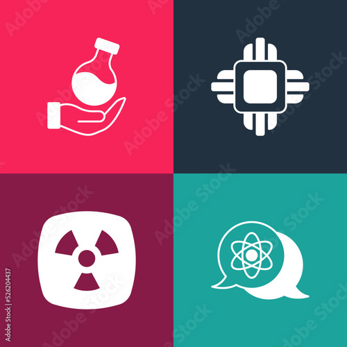 Set pop art Atom, Radioactive, Processor CPU and Test tube icon. Vector
