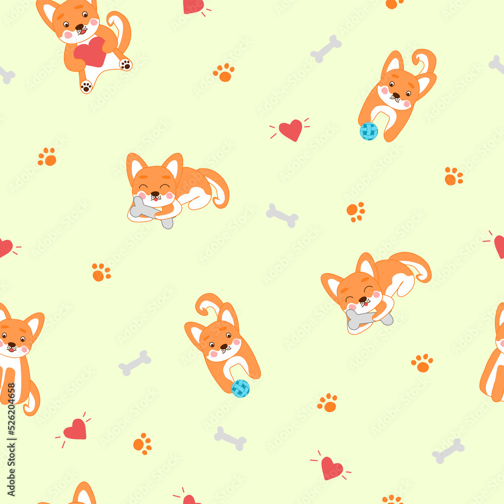 Obraz premium Seamless pattern with Kawaii style Corgi, shiba inu dogs, sitting with heart, playing, eating bone