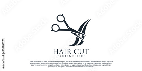 Hair cut logo design for women beauty salon with hair scissor and creative concept Premium Vector