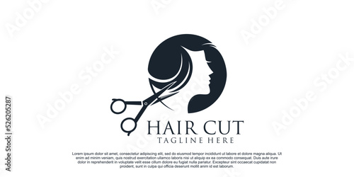 Hair cut logo design for women beauty salon with hair scissor and creative concept Premium Vector
