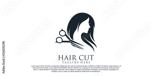 Hair cut logo design for women beauty salon with hair scissor and creative concept Premium Vector