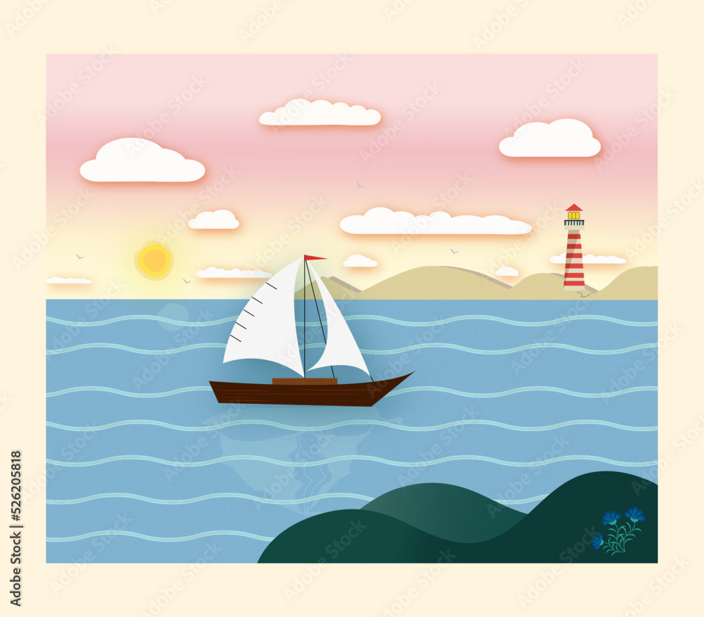 Fototapeta premium Summer postcard with sea coast and yacht