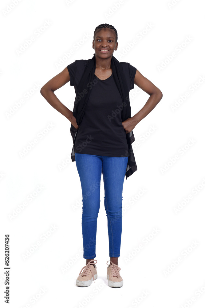 front view of a woman arms akimbo on white background front view of a woman arms akimbo on white background