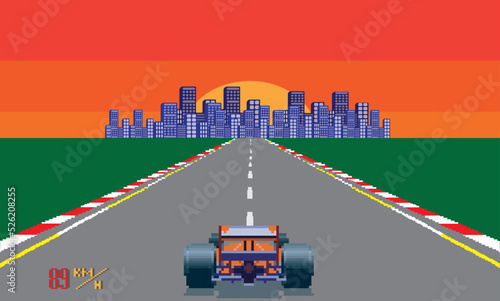 pixelated retro arcade racing car formula. pixel city background