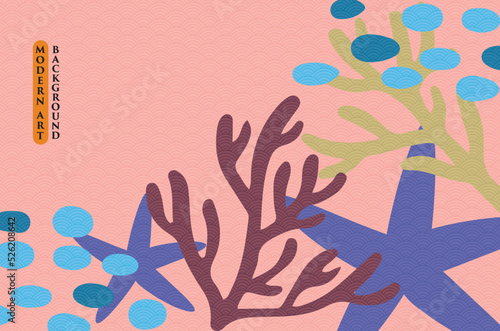modern art coral reef with violet starfish and plankton in blue tone on pink background can be use for product label advertisement banner website template notebook cover