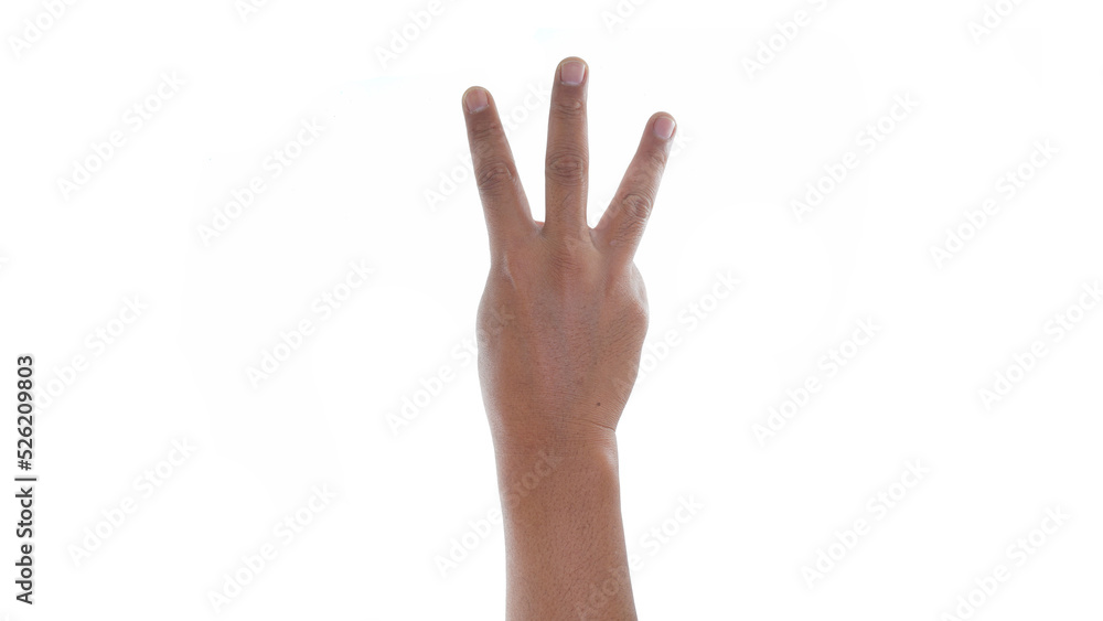 Male hand showing three finger sign isolated on white background Male hand showing three finger sign isolated on white background
