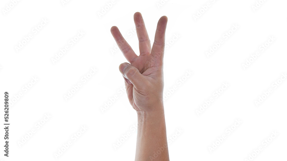 Male hand showing three finger sign isolated on white background Male hand showing three finger sign isolated on white background