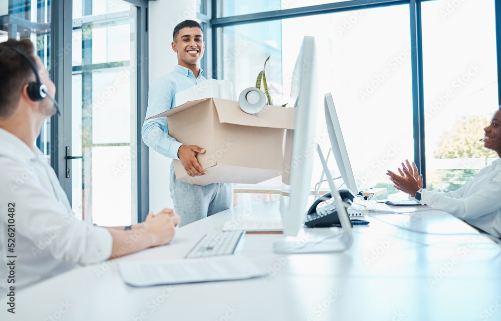 We are hiring, recruitment and employment of a happy man or manager moving to a new office with his box in a call center. Staff welcome excited new management, office worker or hired employee