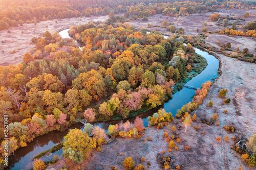 Drone view Autumn forest near the river in the meadow, cool frosty dawn. © maykal